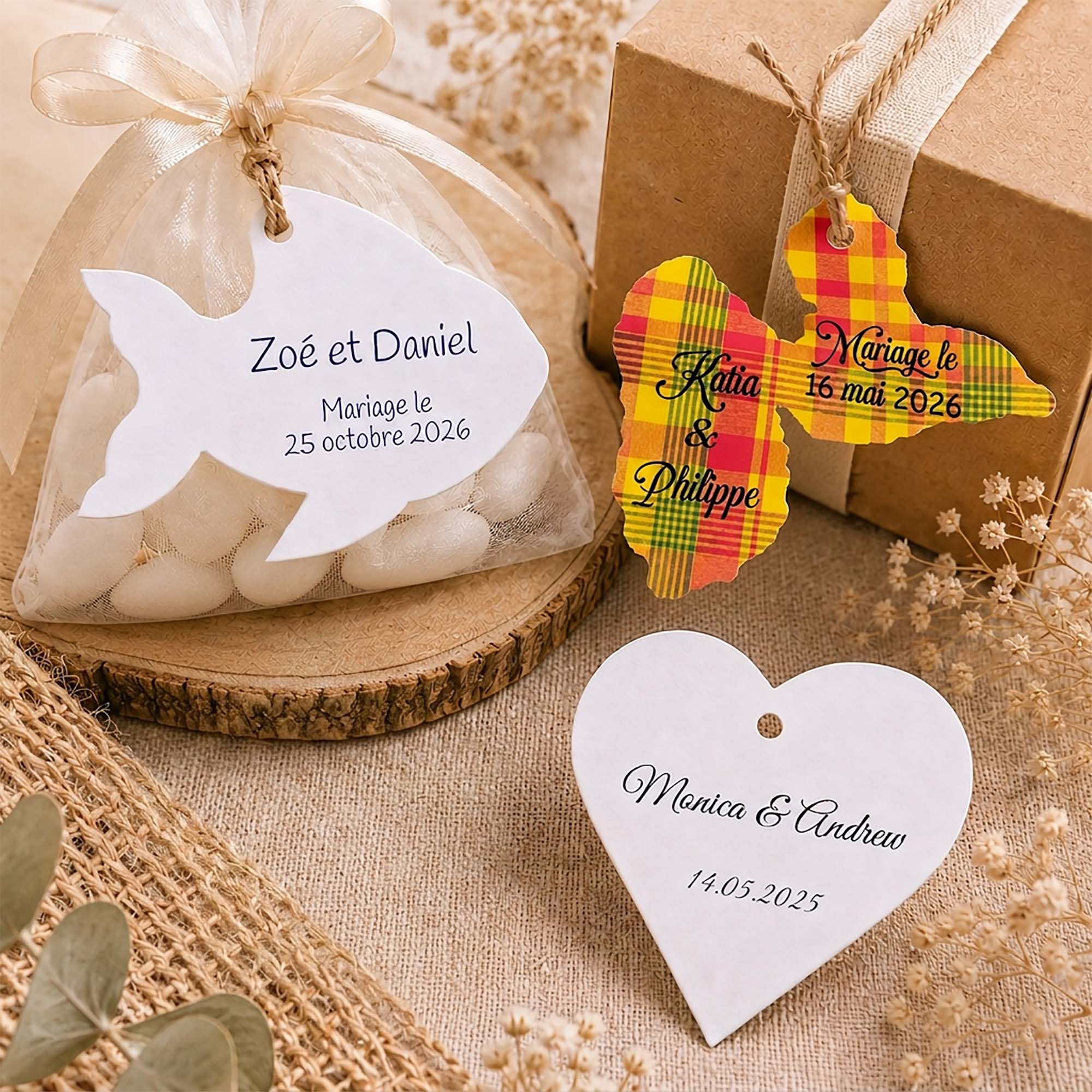 Étiquettes découpes originales personnalisées pour dragées, cadeaux invités et emballages